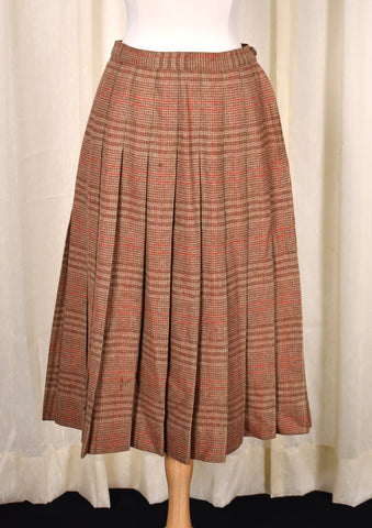 1950s Vintage Tan & Red Pleated Skirt Cats Like Us