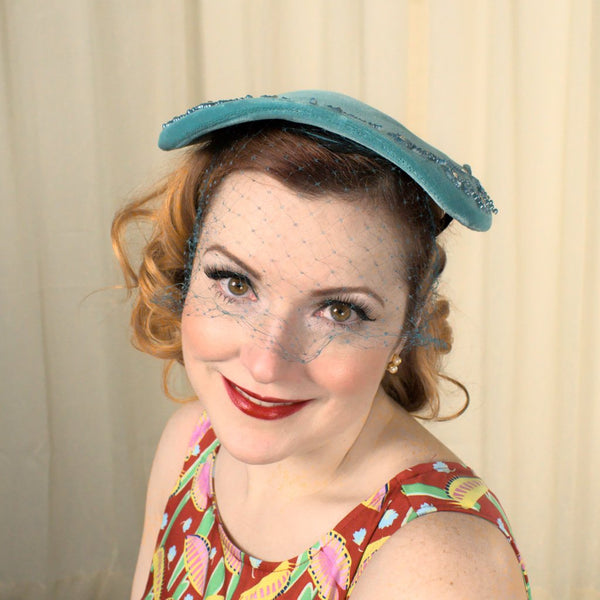 1950s Vintage Turquoise Rhinestone Hat Cats Like Us