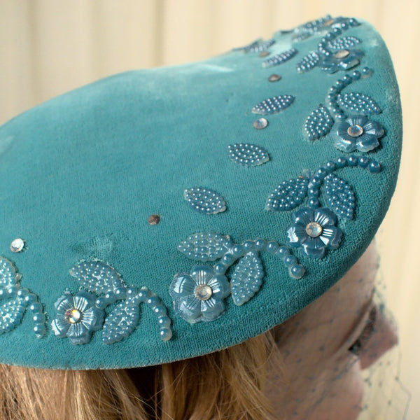 1950s Vintage Turquoise Rhinestone Hat Cats Like Us