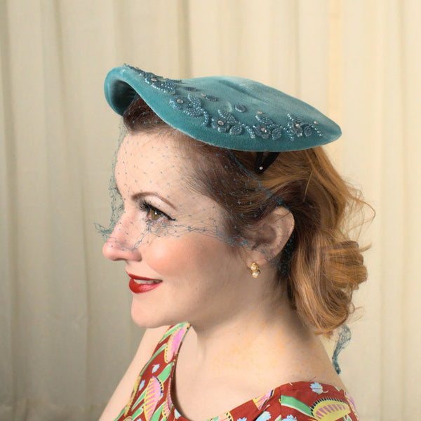1950s Vintage Turquoise Rhinestone Hat Cats Like Us