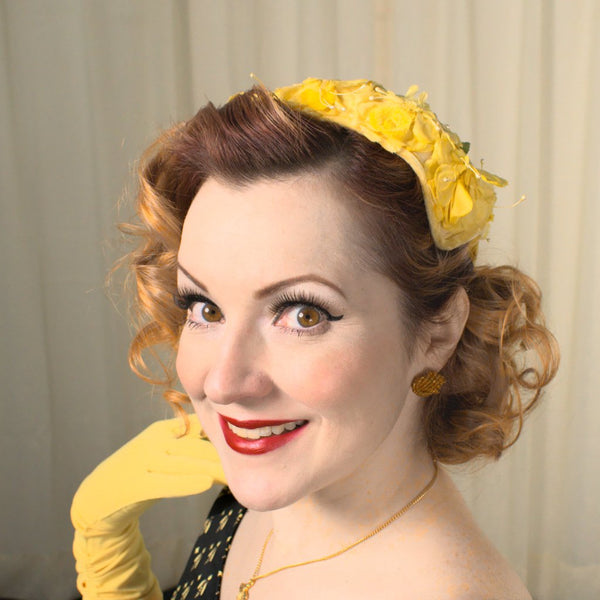 1950s Vintage Yellow Floral Cap Hat Cats Like Us