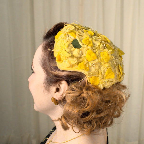 1950s Vintage Yellow Floral Cap Hat Cats Like Us