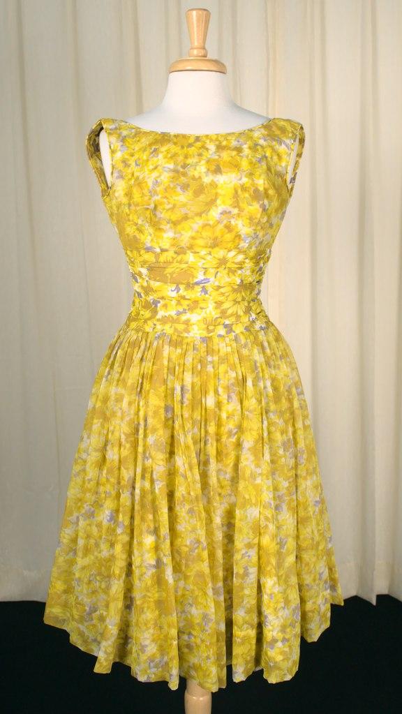 1950s Vintage Yellow Floral Party Dress – Cats Like Us