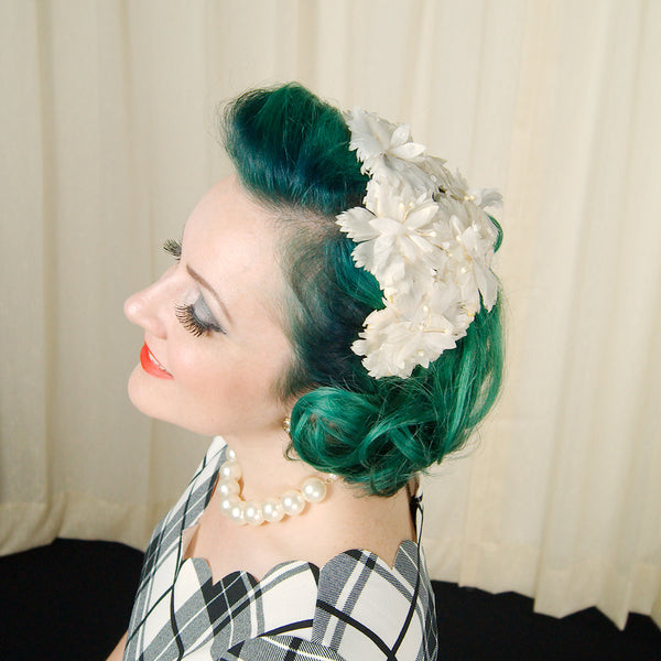 1950s White Floral Crescent Hat Cats Like Us