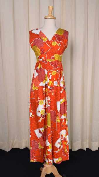 1960s Barkcloth Fan Maxi Dress Cats Like Us