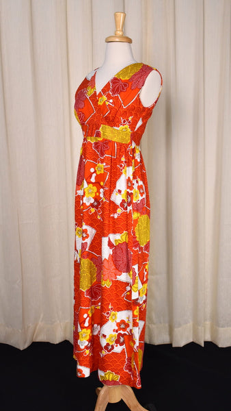 1960s Barkcloth Fan Maxi Dress Cats Like Us