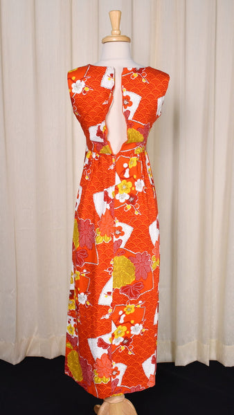 1960s Barkcloth Fan Maxi Dress Cats Like Us