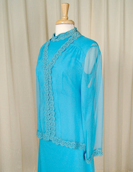 1960s Blue Chiffon Jacket Suit Cats Like Us