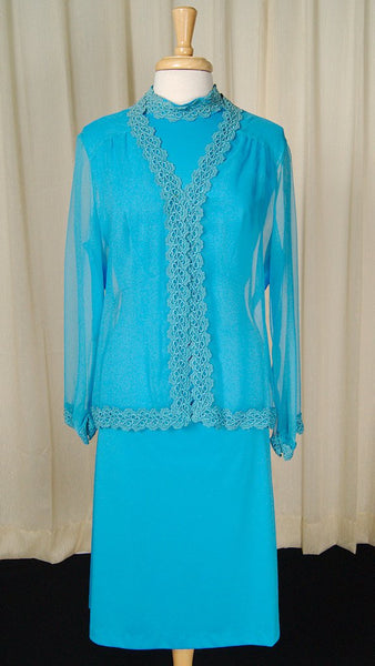 1960s Blue Chiffon Jacket Suit Cats Like Us