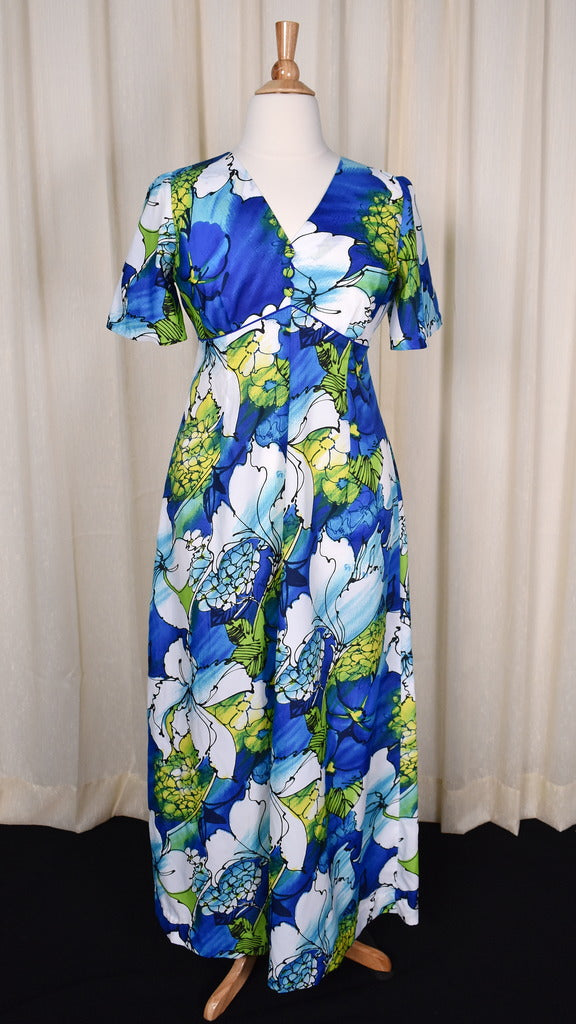 1960s Blue Tropical Maxi Dress 1960s Blue Tropical Maxi Dress