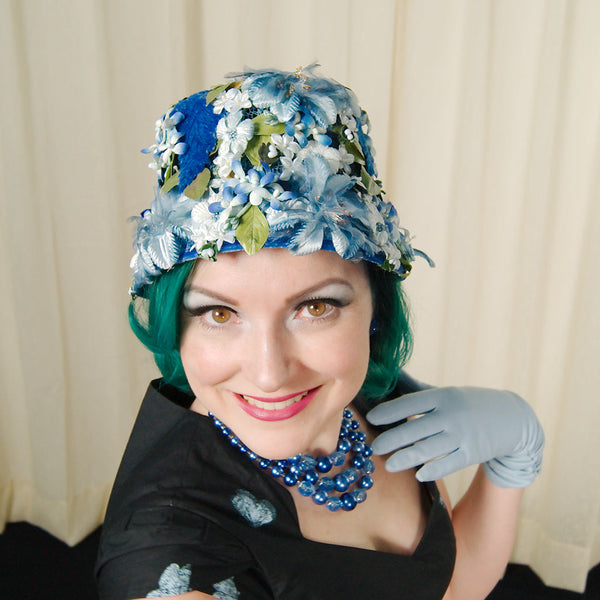 1960s Blue Velvet Floral Hat Cats Like Us