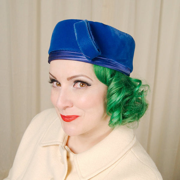 1960s Blue Velvet Pillbox Hat Cats Like Us