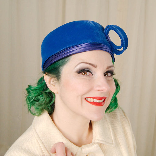 1960s Blue Velvet Pillbox Hat Cats Like Us