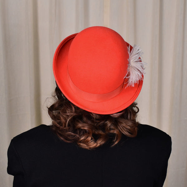 1960s Bright Red Wool Feather Hat Cats Like Us