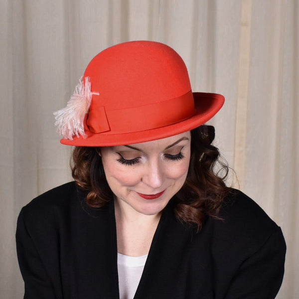 1960s Bright Red Wool Feather Hat Cats Like Us