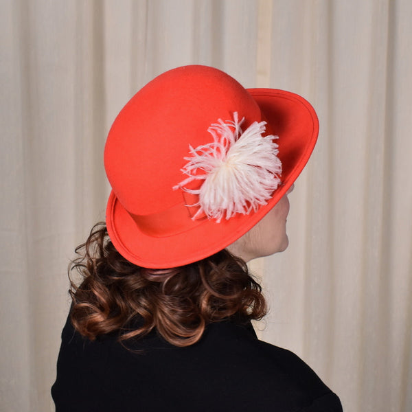 1960s Bright Red Wool Feather Hat Cats Like Us