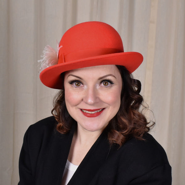 1960s Bright Red Wool Feather Hat Cats Like Us