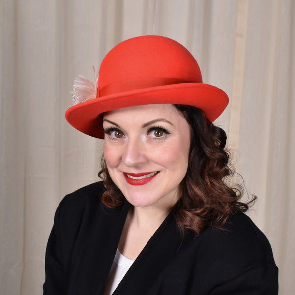 1960s Bright Red Wool Feather Hat Cats Like Us
