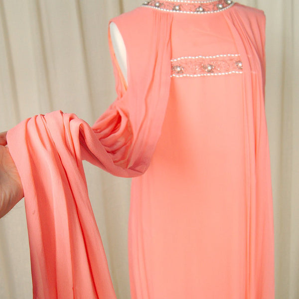 1960s Coral Beaded Maxi Dress Cats Like Us