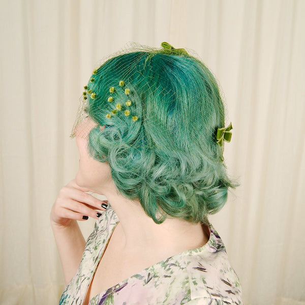 1960s Green Bow Veil Whimsy Cats Like Us