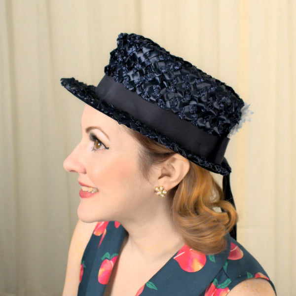 1960s Navy Raffia Daisy Hat Cats Like Us