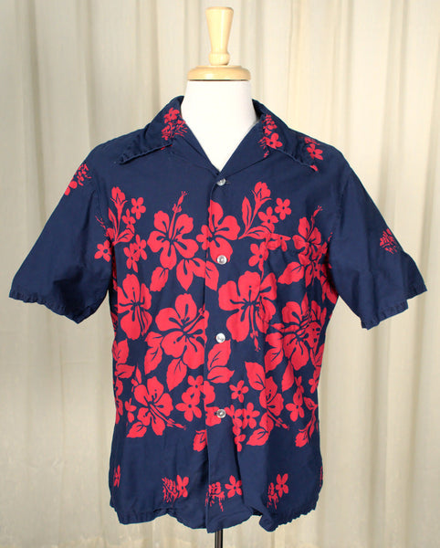 1960s Navy & Red Hibiscus Vintage Shirt Cats Like Us