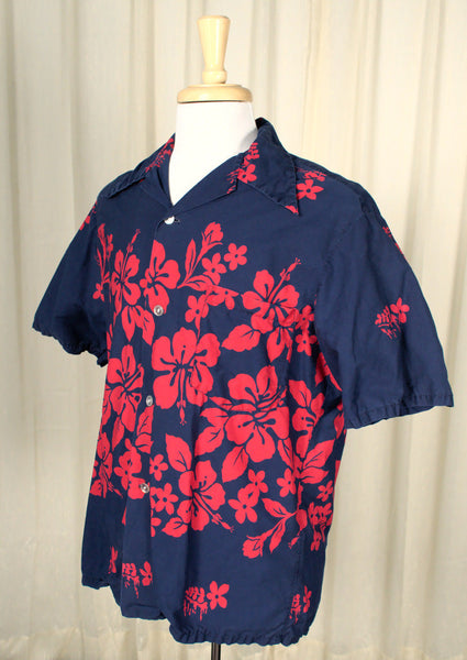 1960s Navy & Red Hibiscus Vintage Shirt Cats Like Us