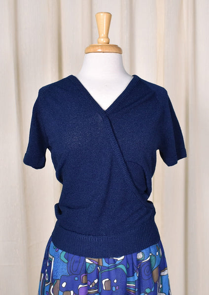 1960s Navy V Neck Vintage Knit Top Cats Like Us