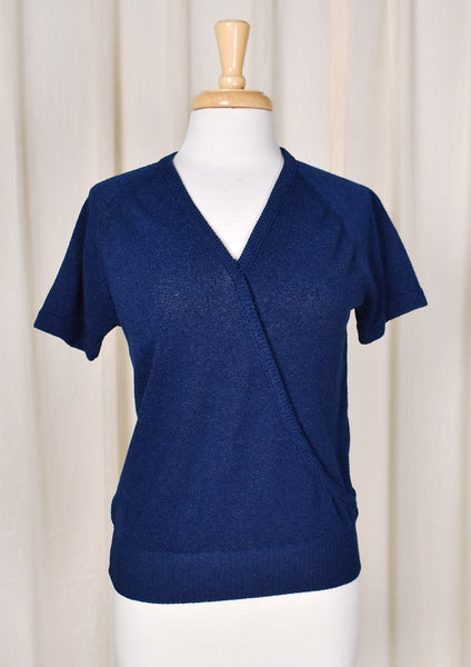 1960s Navy V Neck Vintage Knit Top Cats Like Us