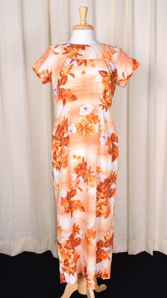 1960s maxi dress 1960s Orange Hibiscus Vintage Maxi Dress – Cats Like Us