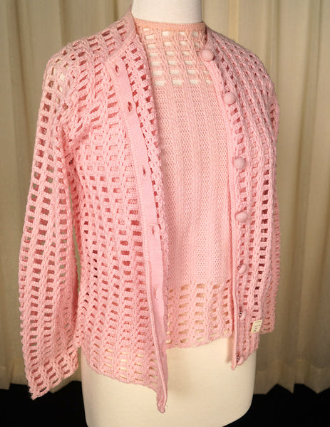 1960s Pink Crocheted Twin Set Cats Like Us