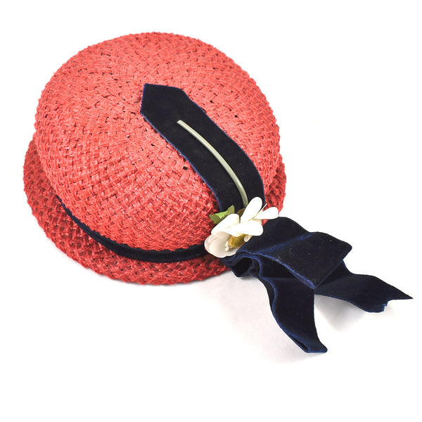 1960s Red Straw & Navy Vintage Hat Cats Like Us