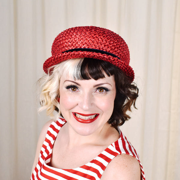 1960s Red Straw & Navy Vintage Hat Cats Like Us