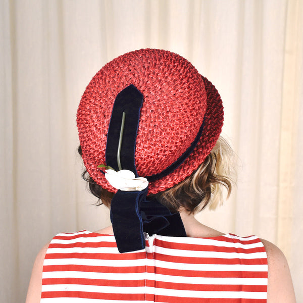 1960s Red Straw & Navy Vintage Hat Cats Like Us