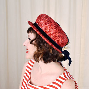 1960s Red Straw & Navy Vintage Hat Cats Like Us