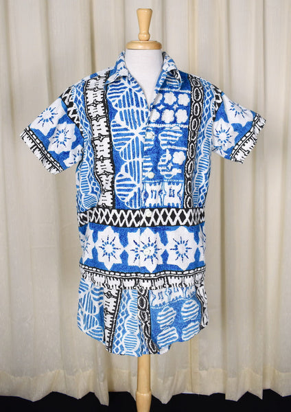1960s Vintage Blue Barkcloth Cabana Set Cats Like Us