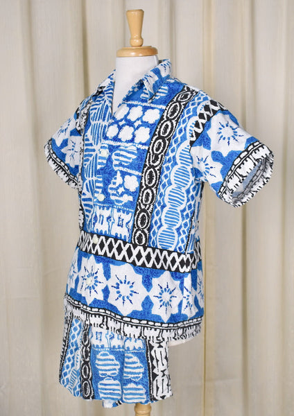 1960s Vintage Blue Barkcloth Cabana Set Cats Like Us