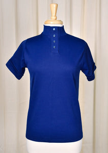 1960s Vintage Blue Button Mock Neck Top Cats Like Us