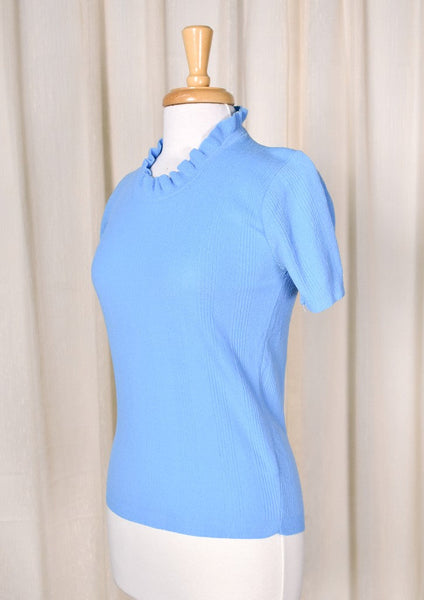 1960s Vintage Blue Ruffled Knit Top Cats Like Us