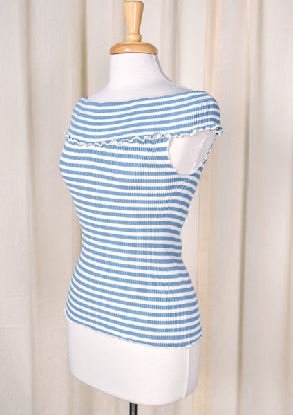 1960s Vintage Blue Striped Ribbed Top Cats Like Us