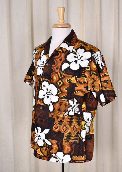 1960s Vintage Brown Barkcloth Tiki Shirt Cats Like Us