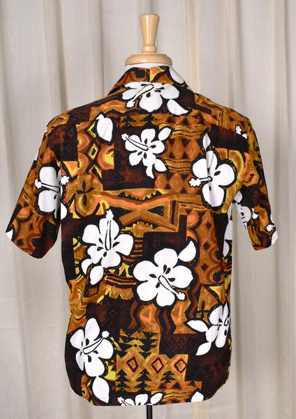 1960s Vintage Brown Barkcloth Tiki Shirt Cats Like Us