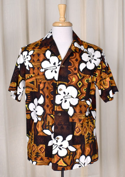 1960s Vintage Brown Barkcloth Tiki Shirt Cats Like Us