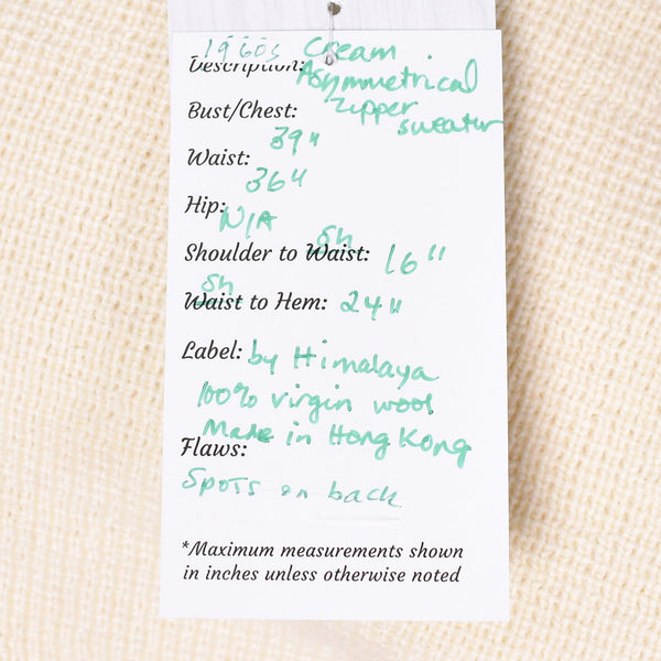 1960s Vintage Cream Zipper Sweater Cats Like Us