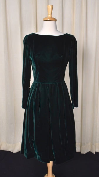 1960s Vintage Jade Green Velvet Dress Cats Like Us