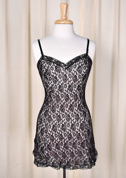 1960s Vintage Pink & Black Lace Nightie Cats Like Us