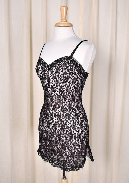 1960s Vintage Pink & Black Lace Nightie Cats Like Us