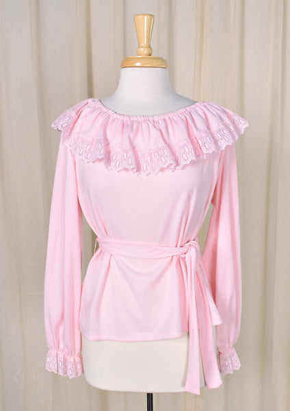 1960s Vintage Pink Ruffle & Lace Blouse Cats Like Us