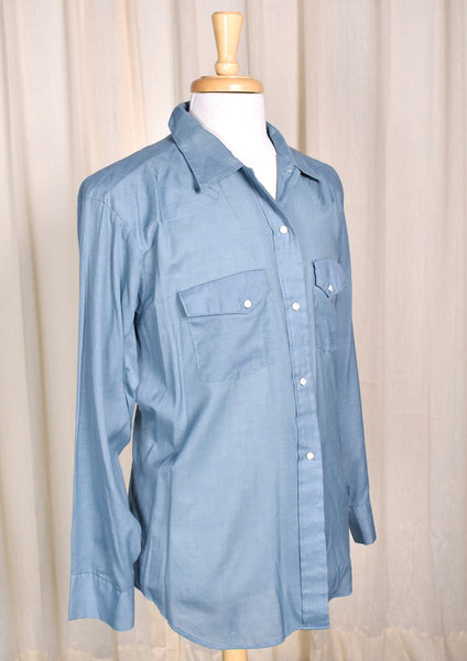 1960s Vintage Plain Blue Western Shirt Cats Like Us