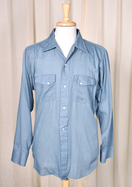 1960s Vintage Plain Blue Western Shirt Cats Like Us
